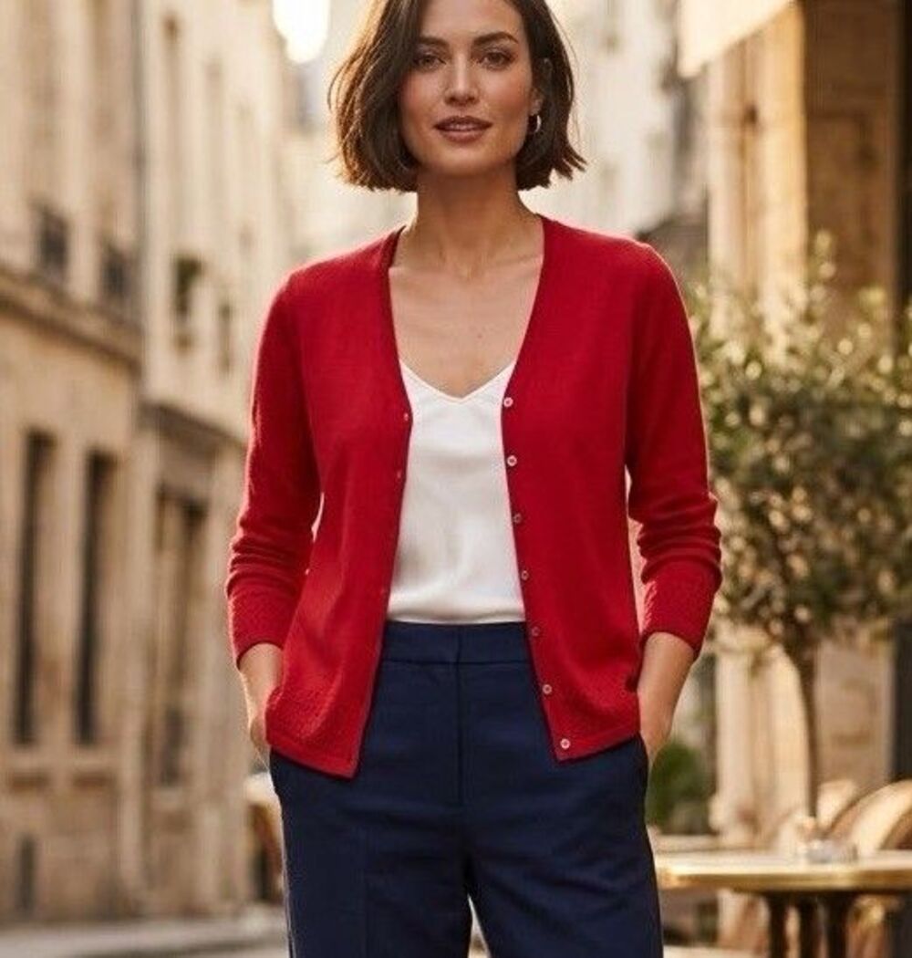 Vintage Silk Cashmere Blend Cherry Red Pointelle VNeck Cardigan Sweater Petite S